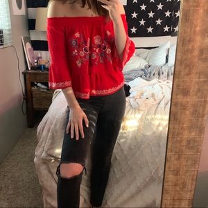 Red off the shoulder embroidered top